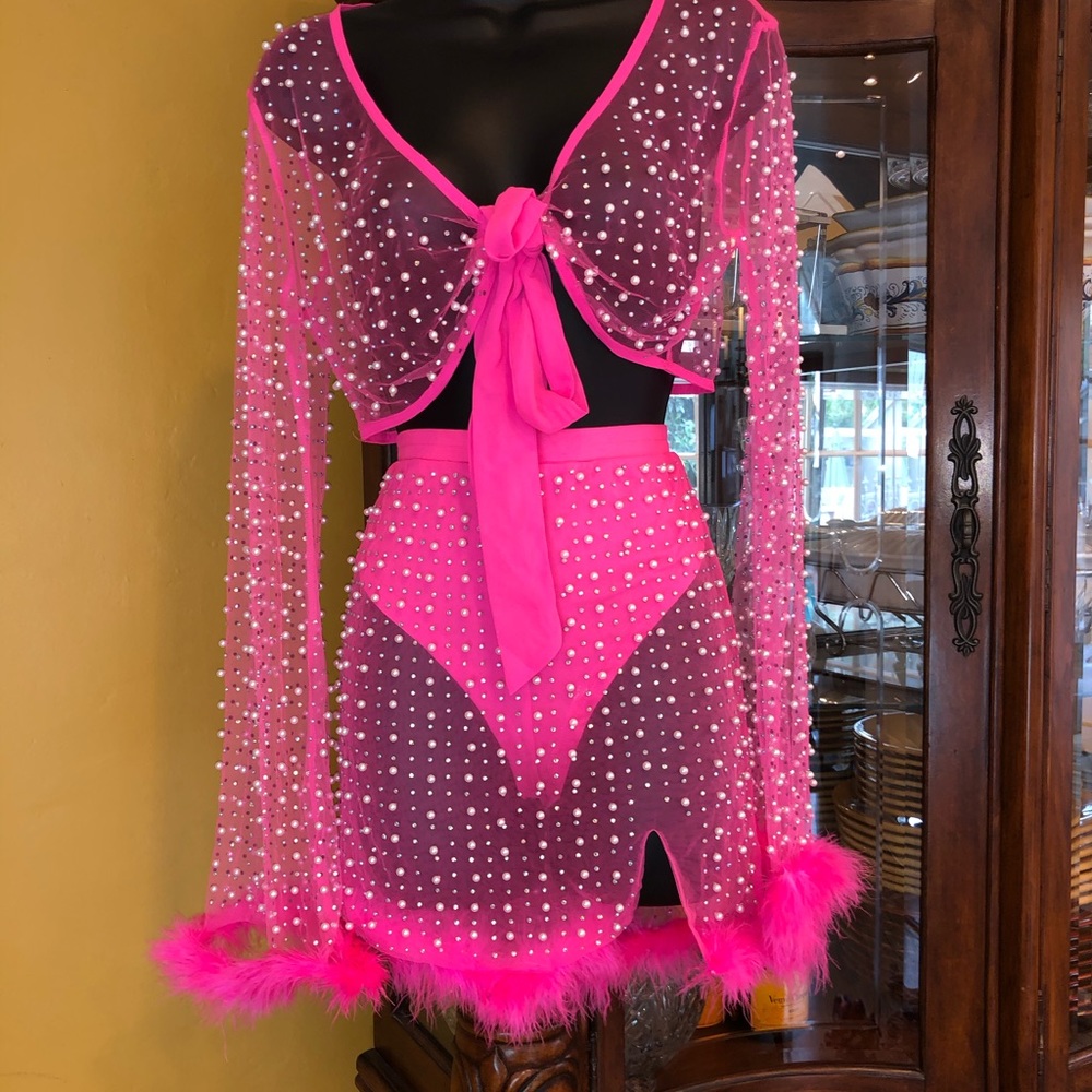 Glam!! Pink sheer set with fur/fluff finish!